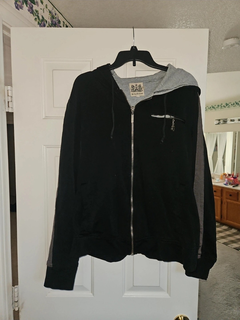 Juicy Couture Black Zip Hoodie with Gray Hood & Sleeve Stripes